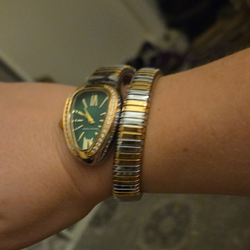 Green and Gold Watch with Silver Bracelet